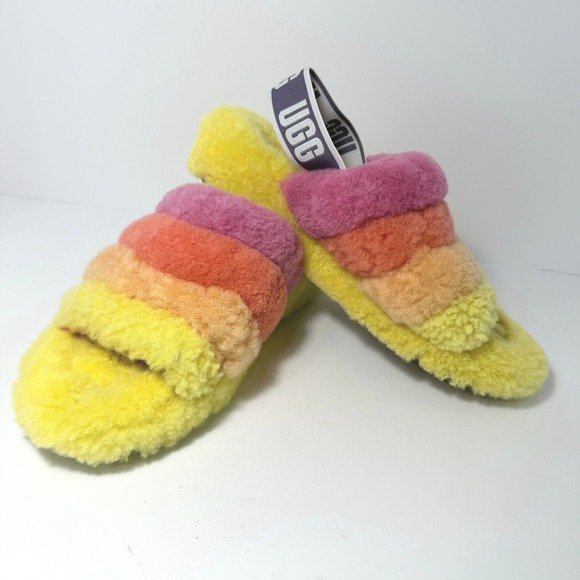 UGG Shoes - UGG Fluff Yeah Slide Rainbow Sheepskin Slippers Pink Orange Yellow Est. Size 9